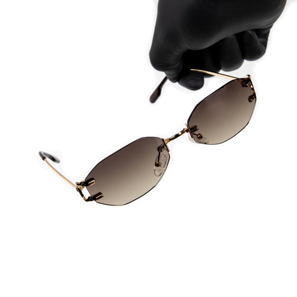 Men's Brown Tint Oval Gold Frame Rimless Luxury Summer Hip Hop Sunglasses